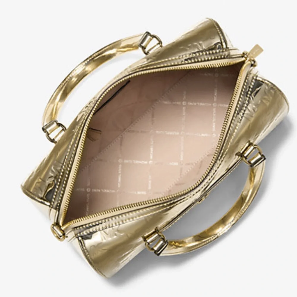 MICHAEL KORS Jet Set Medium Metallic Logo Debossed Satchel
Pale Gold 
NWT - Picture 8 of 16